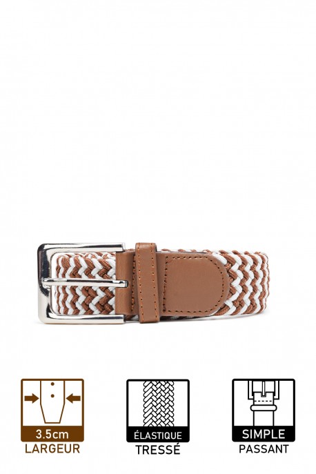 ZSP-357 Braided elastic belt - Bicolor Cognac-White