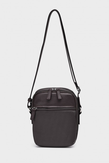 MACEO - ZEVENTO Sacoche Pochette en toile de nylon garni cuir de vachette - Choco