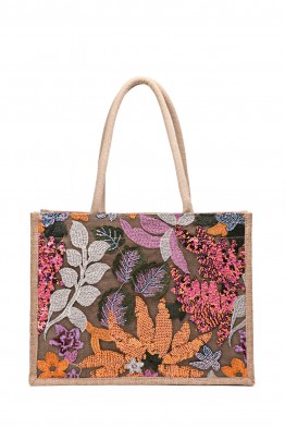 Jute tote bag with embroidered flowers and sequins - OYP6022