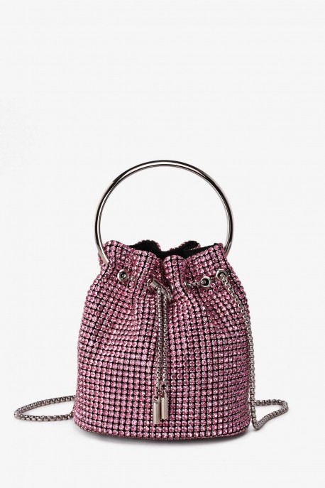 M-7019 Petit sac à main sac bandoulière en maille de strass : couleur:Rose (Pink)