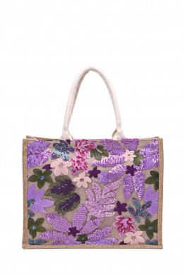 Jute tote bag with embroidered flowers and sequins - CL15104