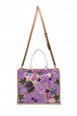 Jute tote bag with embroidered flowers and sequins - CL15104