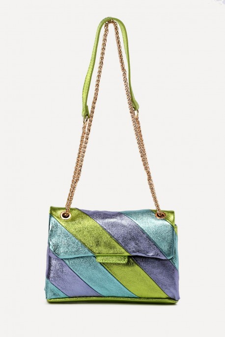 Multicolored metallic leather handbag with sliding chain shoulder strap ZE-9002