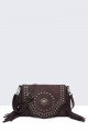 28570-BV Fringed shoulder bag with Bohemian style flap​ : colour:Marron foncé