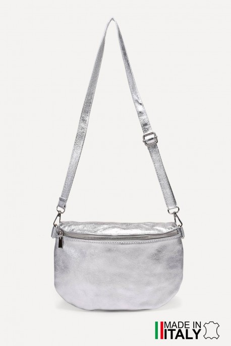 Sac banane bandoulière en cuir ZE-9005 : couleur:Argent&eacute; (Silver)