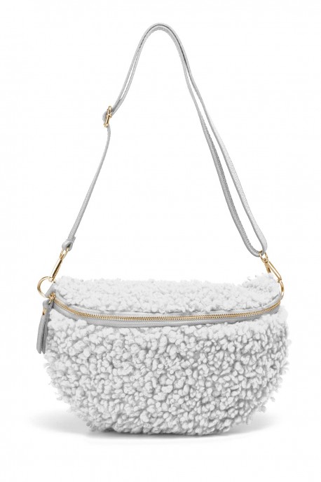Synthetic sheepskin wool fanny pack XL size with leather shoulder strap ZE-9008 : colour:Gris clair