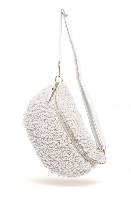 Synthetic sheepskin wool small size fanny pack with leather shoulder strap ZE-9011-GD : colour:Ecru