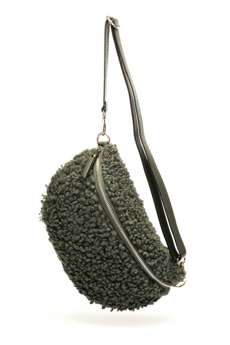 Synthetic sheepskin wool small size fanny pack with leather shoulder strap ZE-9011-GD : colour:Khaki