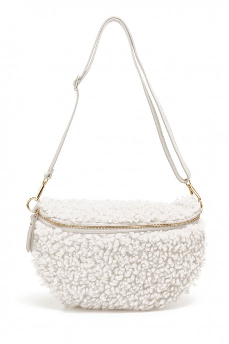 Synthetic sheepskin wool fanny pack XL size with leather shoulder strap ZE-9008 : colour:Ecru