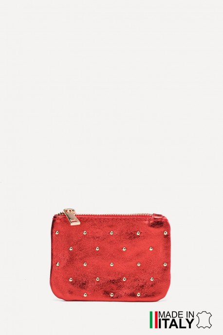 Flat pocket purse in studded metallic leather ZE-8003 : Colors:Scarlet (L-508/L032)