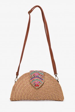 CL13052 Half-moon paper straw shoulder bag decorated with coloured beads