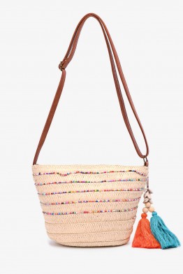 CL13053 Paper straw shoulder bag decorated with coloured beads