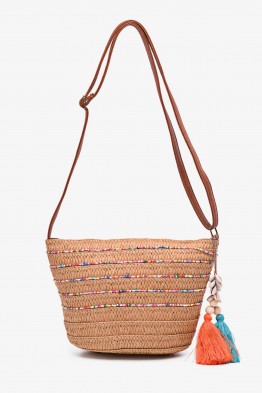 CL13053 Paper straw shoulder bag decorated with coloured beads
