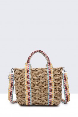 G8837-BV Raffia basket handbag with patterned textile handle