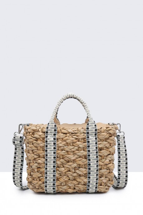 G8837-BV Raffia handbag with patterned textile handle