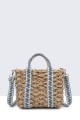 G8837-BV Raffia basket handbag with patterned textile handle : colour:Blue
