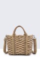 G8837-BV Raffia basket handbag with patterned textile handle : colour:Brown