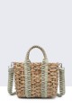 G8837-BV Raffia basket handbag with patterned textile handle : colour:Green