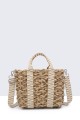 G8837-BV Raffia basket handbag with patterned textile handle : colour:Light khaki