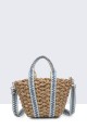 G8838-BV Raffia basket handbag with patterned textile handle : colour:Blue