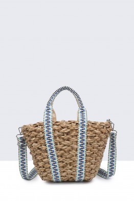 G8838-BV Raffia basket handbag with patterned textile handle
