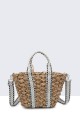 G8838-BV Raffia basket handbag with patterned textile handle : colour:Black