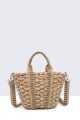 G8838-BV Raffia basket handbag with patterned textile handle : colour:Brown