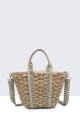 G8838-BV Raffia basket handbag with patterned textile handle : colour:Green