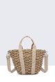 G8838-BV Raffia basket handbag with patterned textile handle : colour:Light khaki