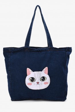 DG-3190 Large Tote Bag in Jean with Cat pattern