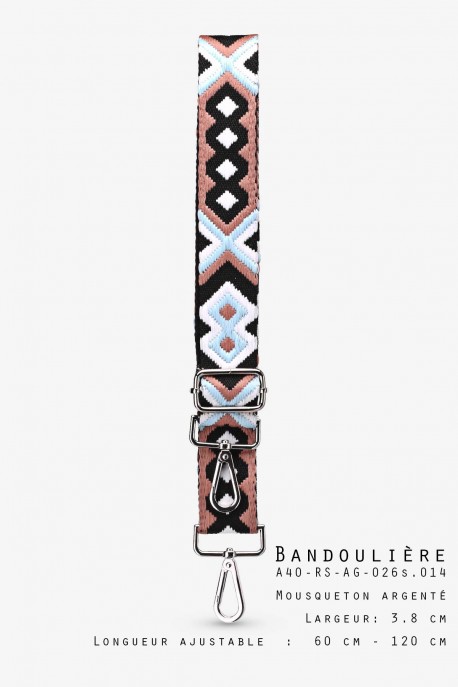 A40s-RS-AG-026s Bandoulière à motif 3.8 cm réglable avec mousquetons argenté