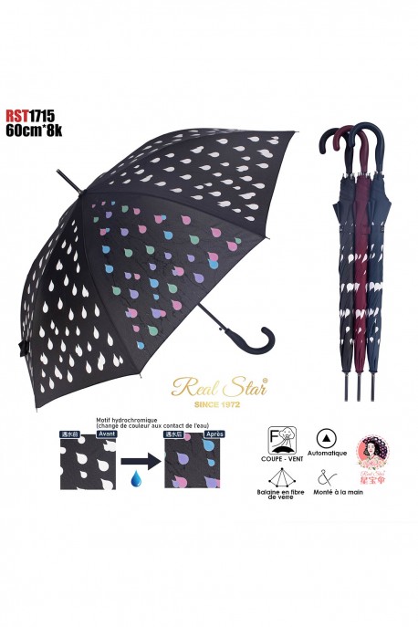 RST1715 Parapluie canne à motif gouttes d'eau hydrochromique ouverture auto