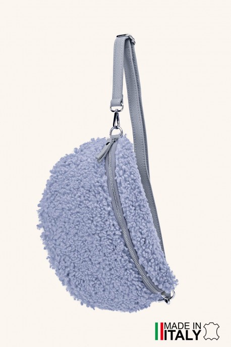 Sac banane laine mouton synthétique bandoulière en cuir ZE-9007-VQ : couleur:Bleu pastel