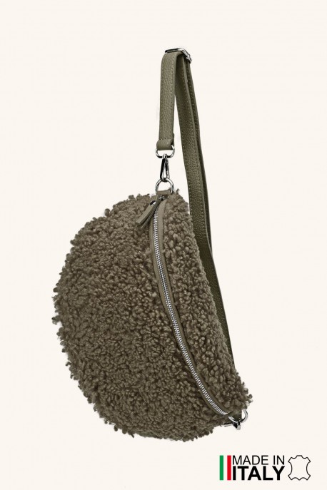 Sac banane laine mouton synthétique bandoulière en cuir ZE-9007-VQ : couleur:Kaki (Khaki)