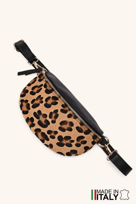 Sac banane bandoulière en cuir motif Léopard imprimé sur peau poilu ZE-9022-LP002-G : couleur:Camel