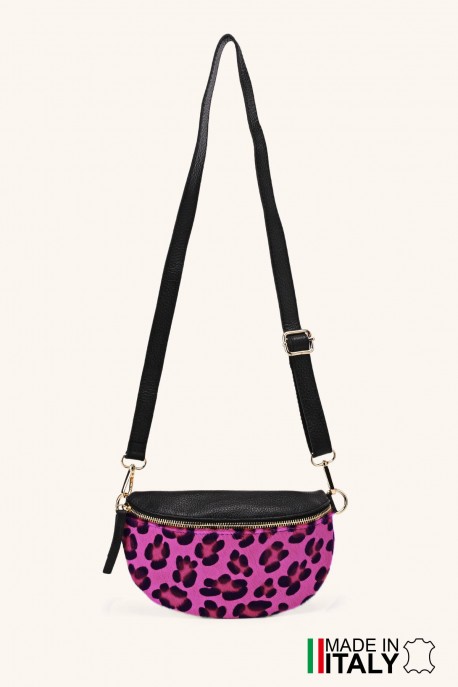 Leather fanny pack with leopard print on furry skin ZE-9022-LP002-G : colour:Fuchsia