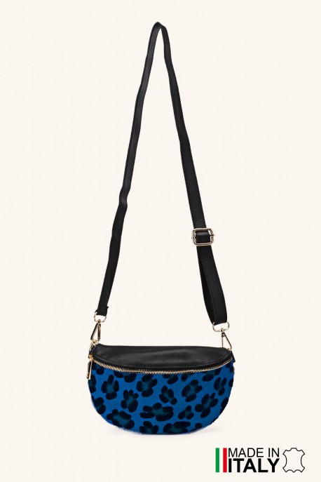Sac banane bandoulière en cuir motif Léopard imprimé sur peau poilu ZE-9022-LP002-L : couleur:Bleu (Blue)