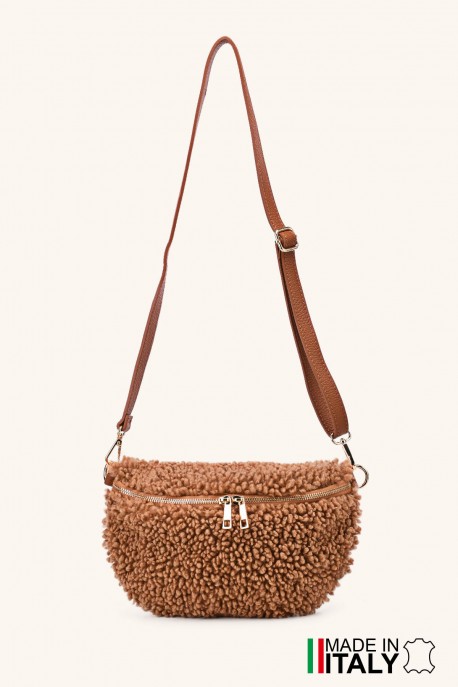 Synthetic sheepskin wool small size fanny pack with leather shoulder strap ZE-9011-VQ : colour:Cognac