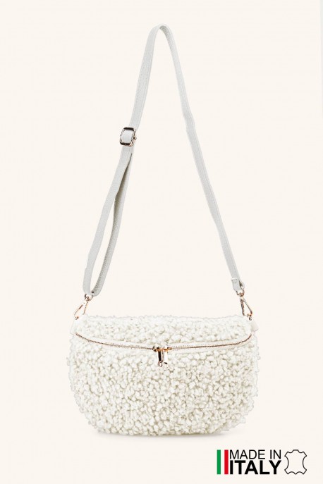 Synthetic sheepskin wool small size fanny pack with leather shoulder strap ZE-9011-VQ : colour:Ivoire