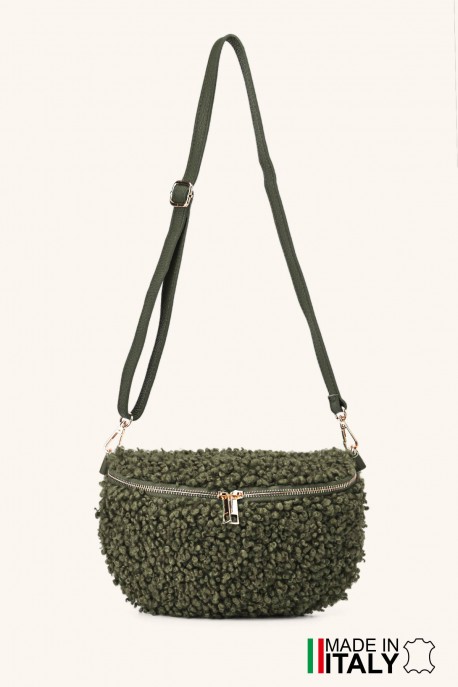Synthetic sheepskin wool small size fanny pack with leather shoulder strap ZE-9011-VQ : colour:Khaki