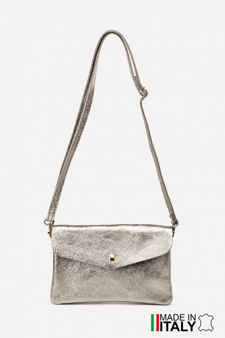 Sac pochette bandoulière en cuir métallisé ZE-9010-MT : Couleur:Etain (L-503/L029)