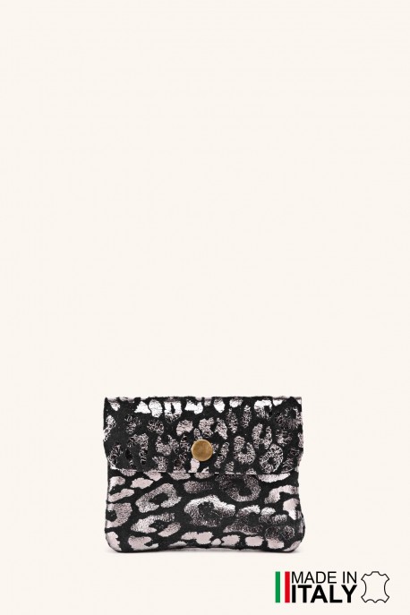Porte-monnaie Pochette imprimé léopard argenté cuir façon nubuck ZE-8001-LP002-AG