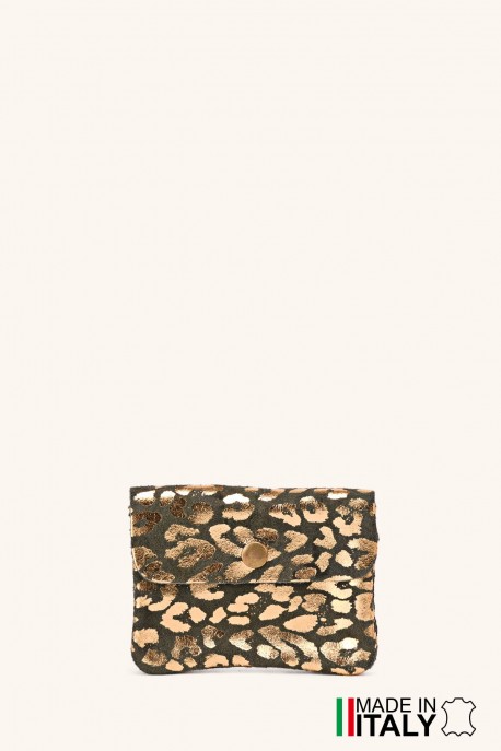 Porte-monnaie Pochette imprimé léopard dorée cuir façon nubuck ZE-8001-LP002-GD : couleur:Kaki (Khaki)