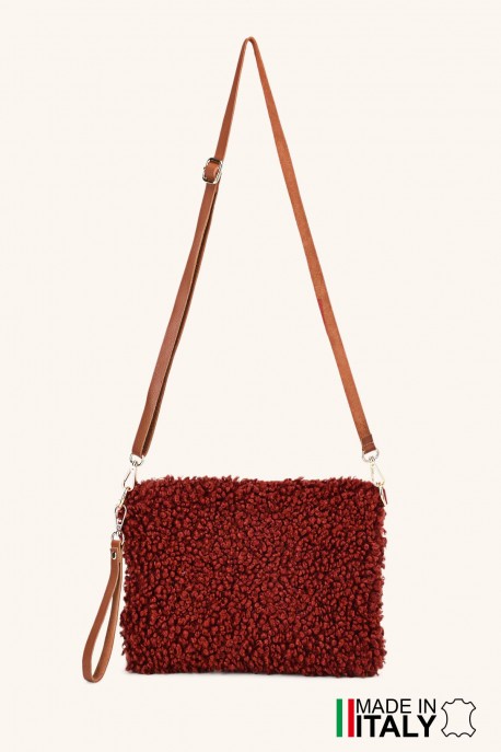Synthetic sheepskin wool crossbody pouch with leather strap ZE-9025