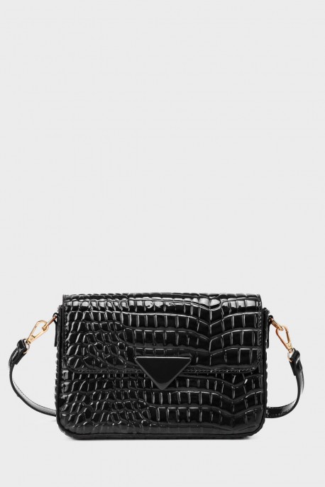 11058-BV Glossy croc pattern shoulder bag with flap : colour:Black