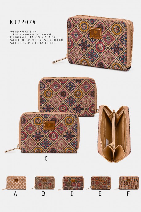 KJ22074 Synthetic printed Cork wallet : colour:Pack of 12