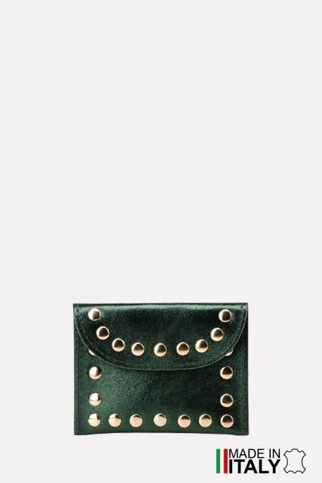 Porte-monnaie Pochette cuir métallisé avec clous rivet ZE-8007-MT : Couleur:Vert fonc&eacute; (L-558 / L016)