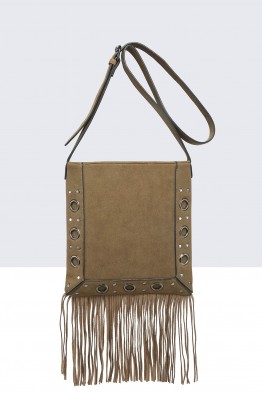 28851-BV Bohemian-style flap shoulder bag with fringe and studs