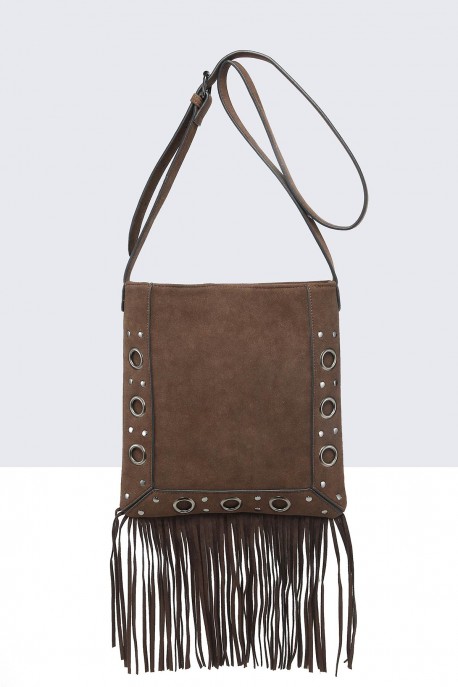 28851-BV Sac Bandoulière rabat à frange et clous style Bohème : couleur:Caf&eacute; (Coffee)