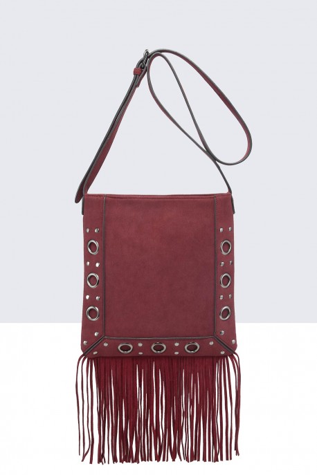 28851-BV Sac Bandoulière rabat à frange et clous style Bohème : couleur:Rouge vin (Wine)